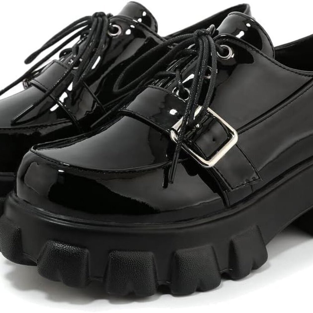 Women’s Patent Platform Loafers Chunky Gothic Oxford Shoes Size 9